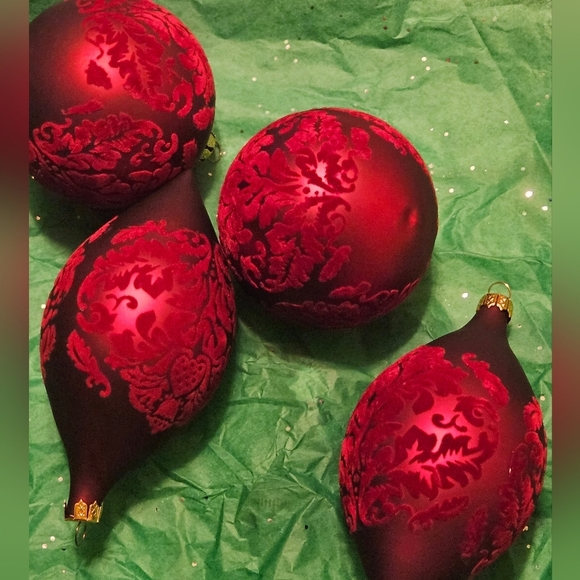 Hand Crafted Christmas Ornaments 4pc Set Red velvet upcycled ribbon Mod Podge - Picture 17 of 17